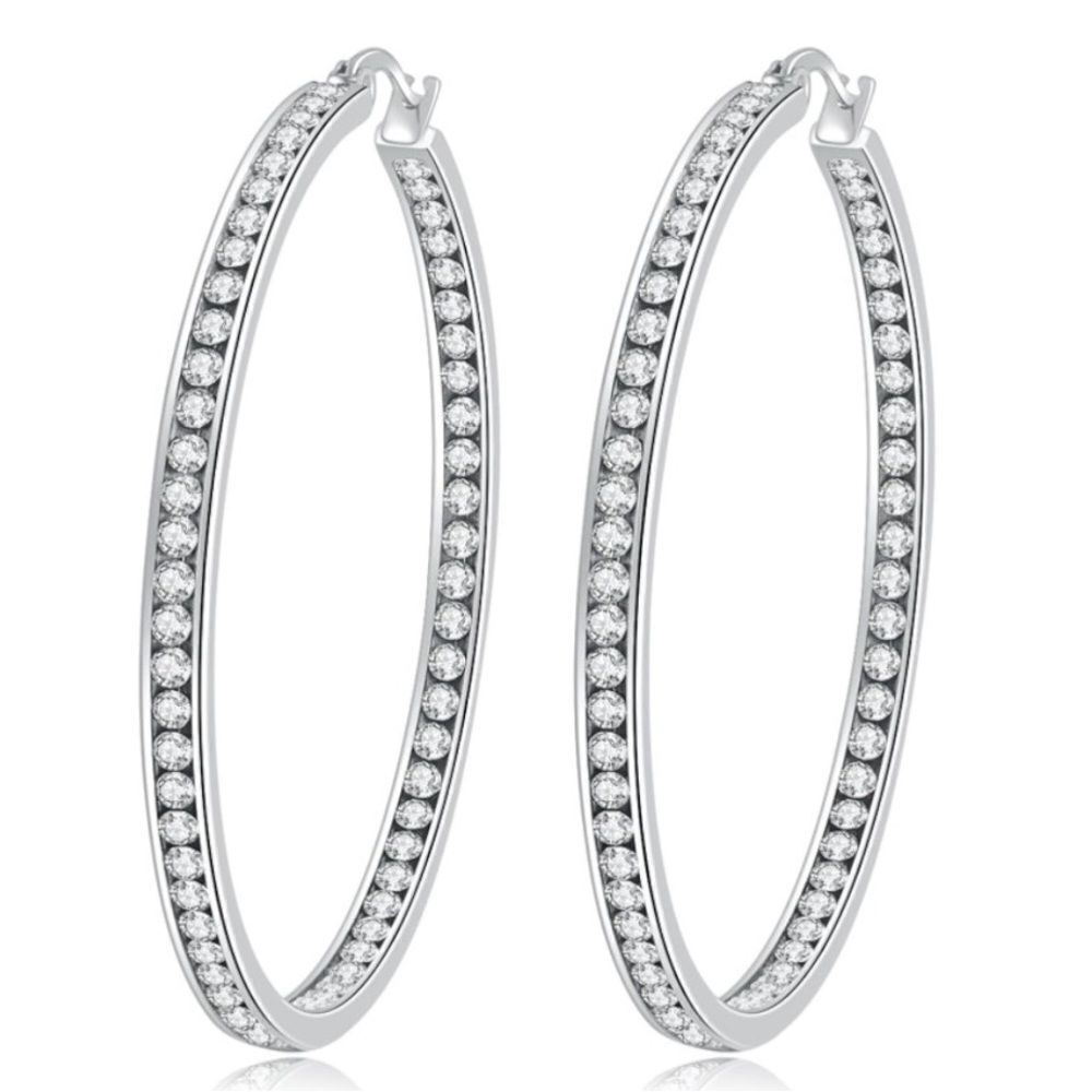 14K White Gold with White Diamond Cubic Zirconia Big Hoop Latch Back Earrings